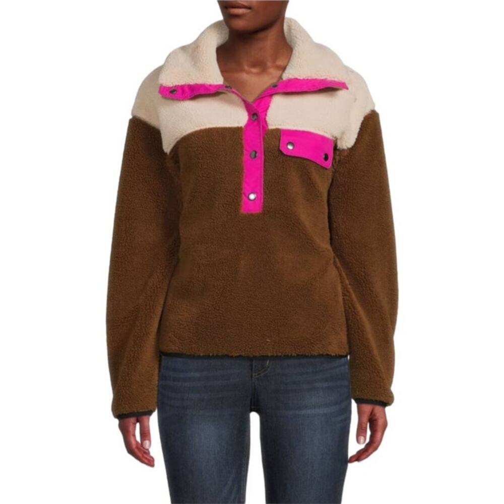 Rebecca Minkoff Sweatshirt Pullover Brown Pink Faux Fur Long Sleeve Collared L